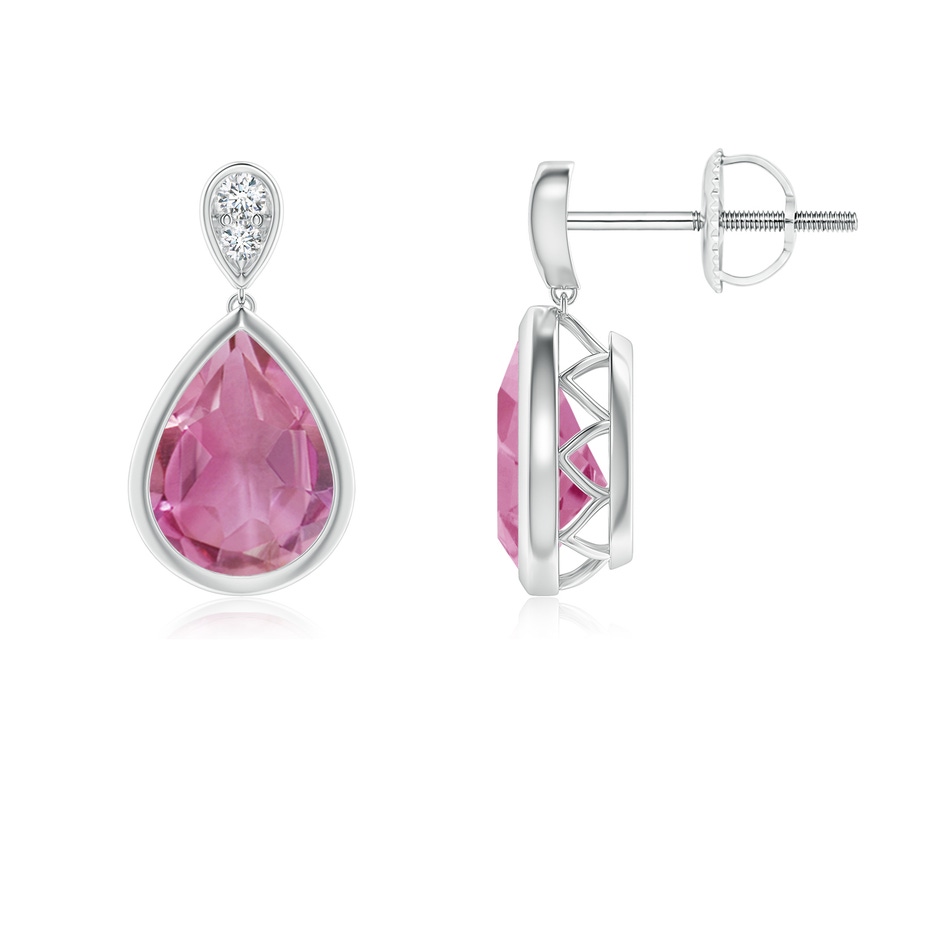 8x6mm AA Bezel-Set Pink Tourmaline Teardrop Earrings with Diamond in White Gold 