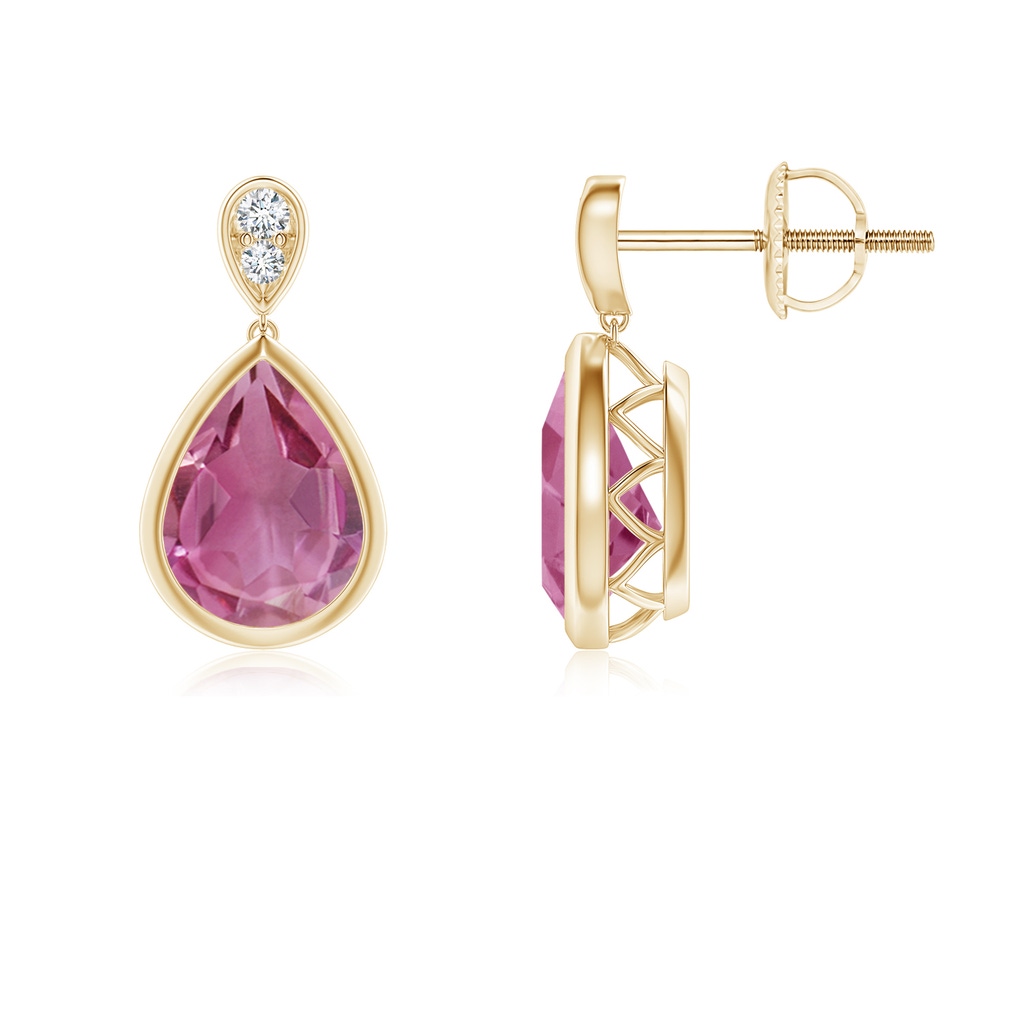 8x6mm AAA Bezel-Set Pink Tourmaline Teardrop Earrings with Diamond in Yellow Gold