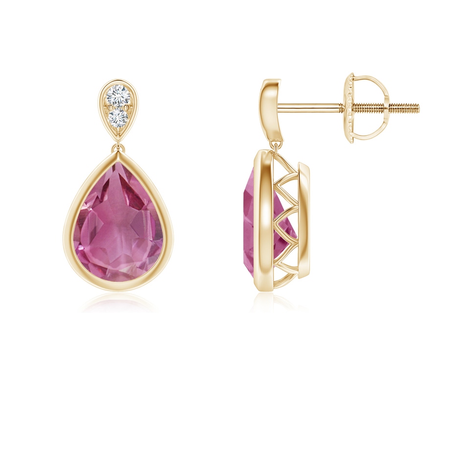 8x6mm AAA Bezel-Set Pink Tourmaline Teardrop Earrings with Diamond in Yellow Gold 