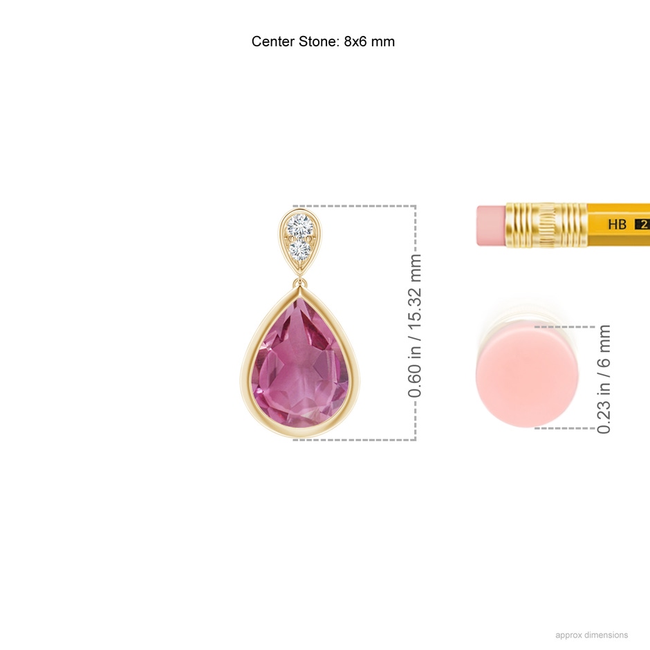 8x6mm AAA Bezel-Set Pink Tourmaline Teardrop Earrings with Diamond in Yellow Gold ruler