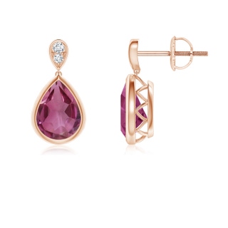 8x6mm AAAA Bezel-Set Pink Tourmaline Teardrop Earrings with Diamond in 9K Rose Gold