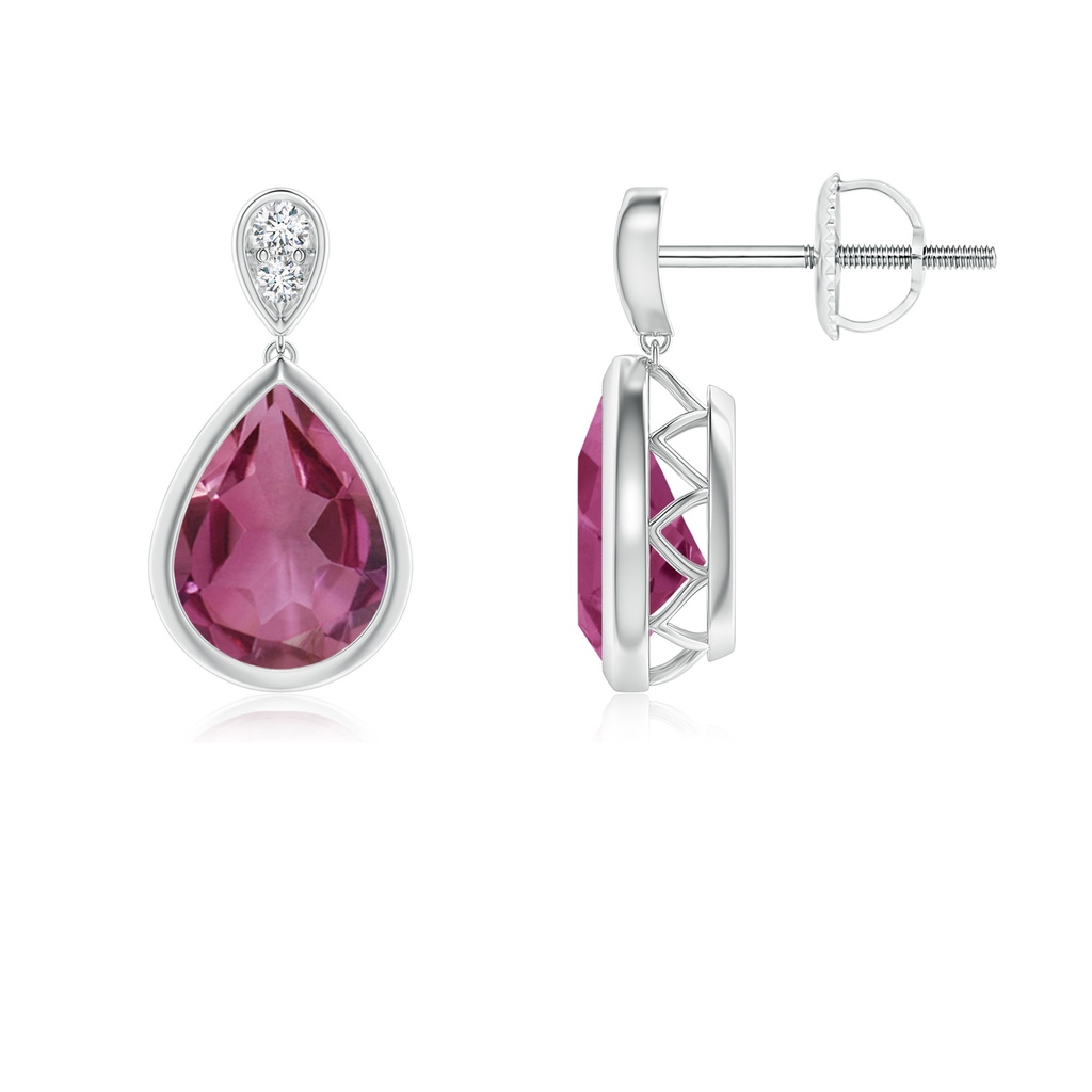 8x6mm AAAA Bezel-Set Pink Tourmaline Teardrop Earrings with Diamond in P950 Platinum