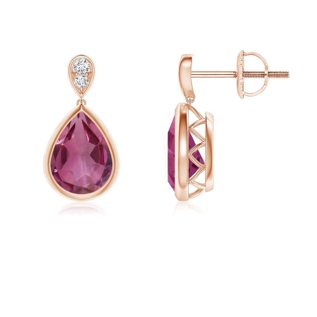 8x6mm AAAA Bezel-Set Pink Tourmaline Teardrop Earrings with Diamond in Rose Gold