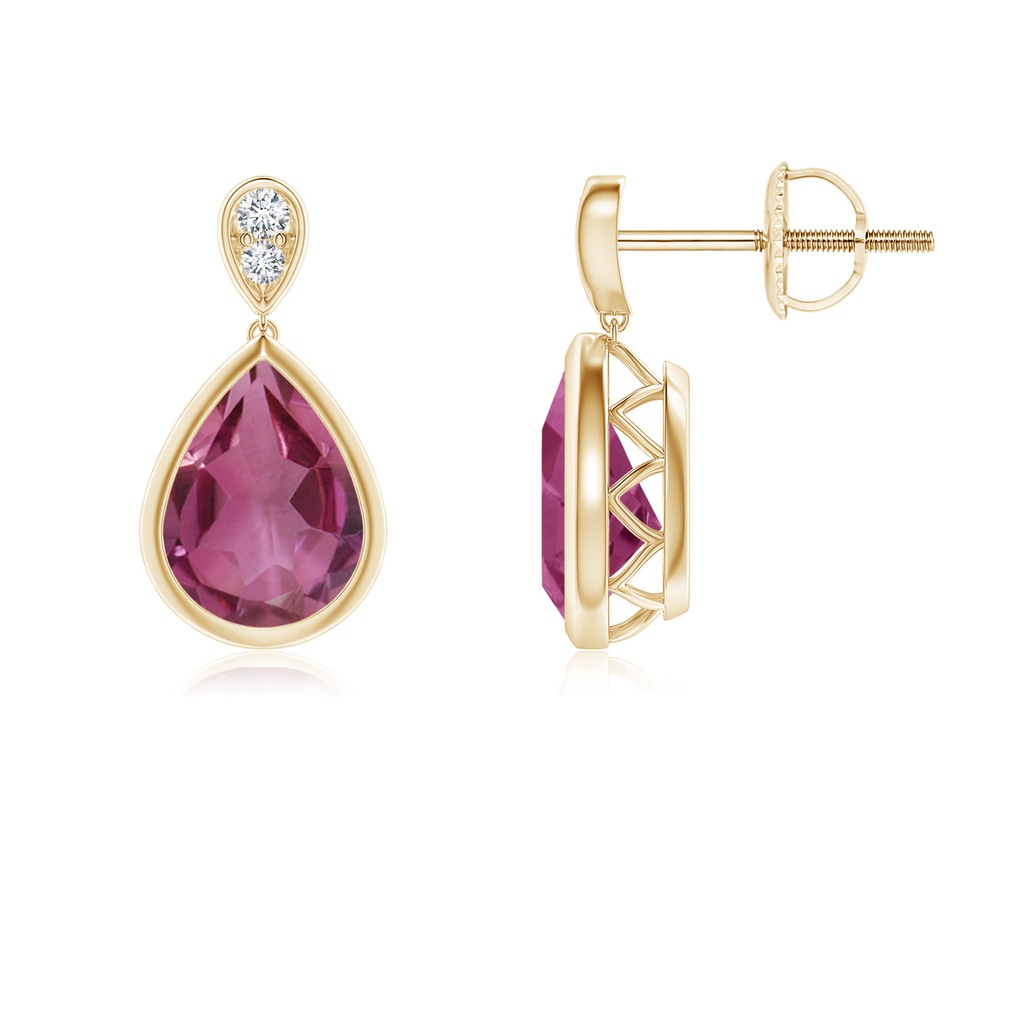 8x6mm AAAA Bezel-Set Pink Tourmaline Teardrop Earrings with Diamond in Yellow Gold