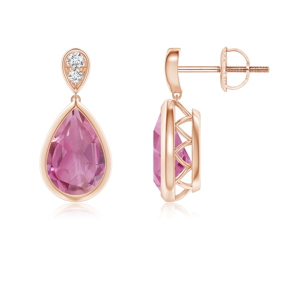 9x6mm AA Bezel-Set Pink Tourmaline Teardrop Earrings with Diamond in Rose Gold 