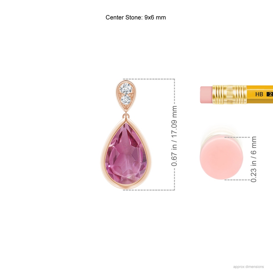 9x6mm AAA Bezel-Set Pink Tourmaline Teardrop Earrings with Diamond in Rose Gold ruler