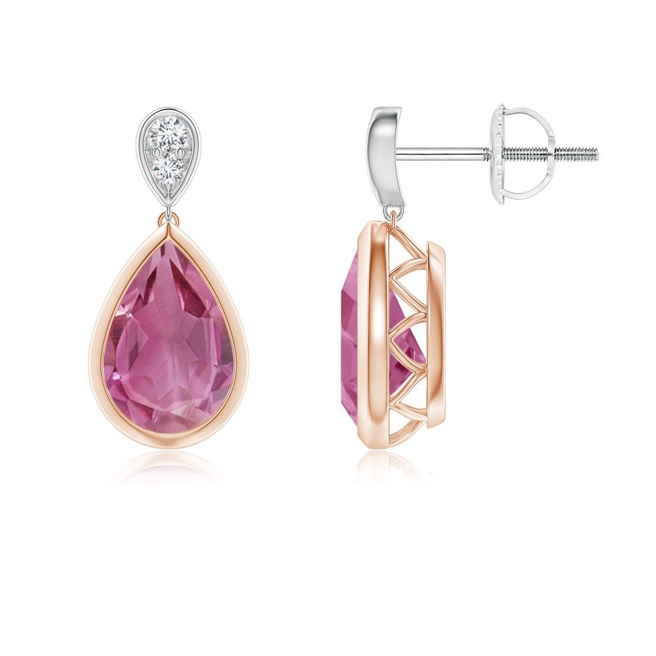 9x6mm AAA Bezel-Set Pink Tourmaline Teardrop Earrings with Diamond in Rose Gold White Gold 