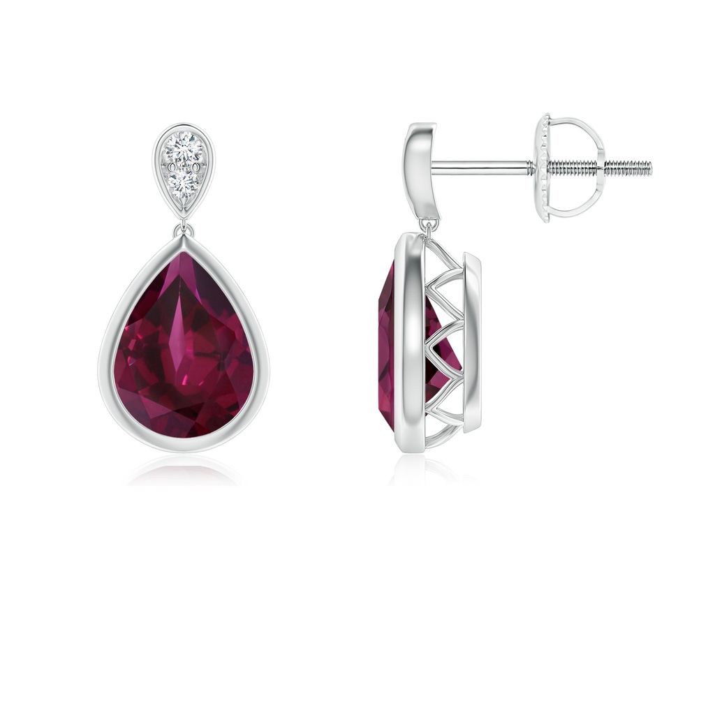 8x6mm AAA Bezel-Set Rhodolite Teardrop Earrings with Diamond in White Gold