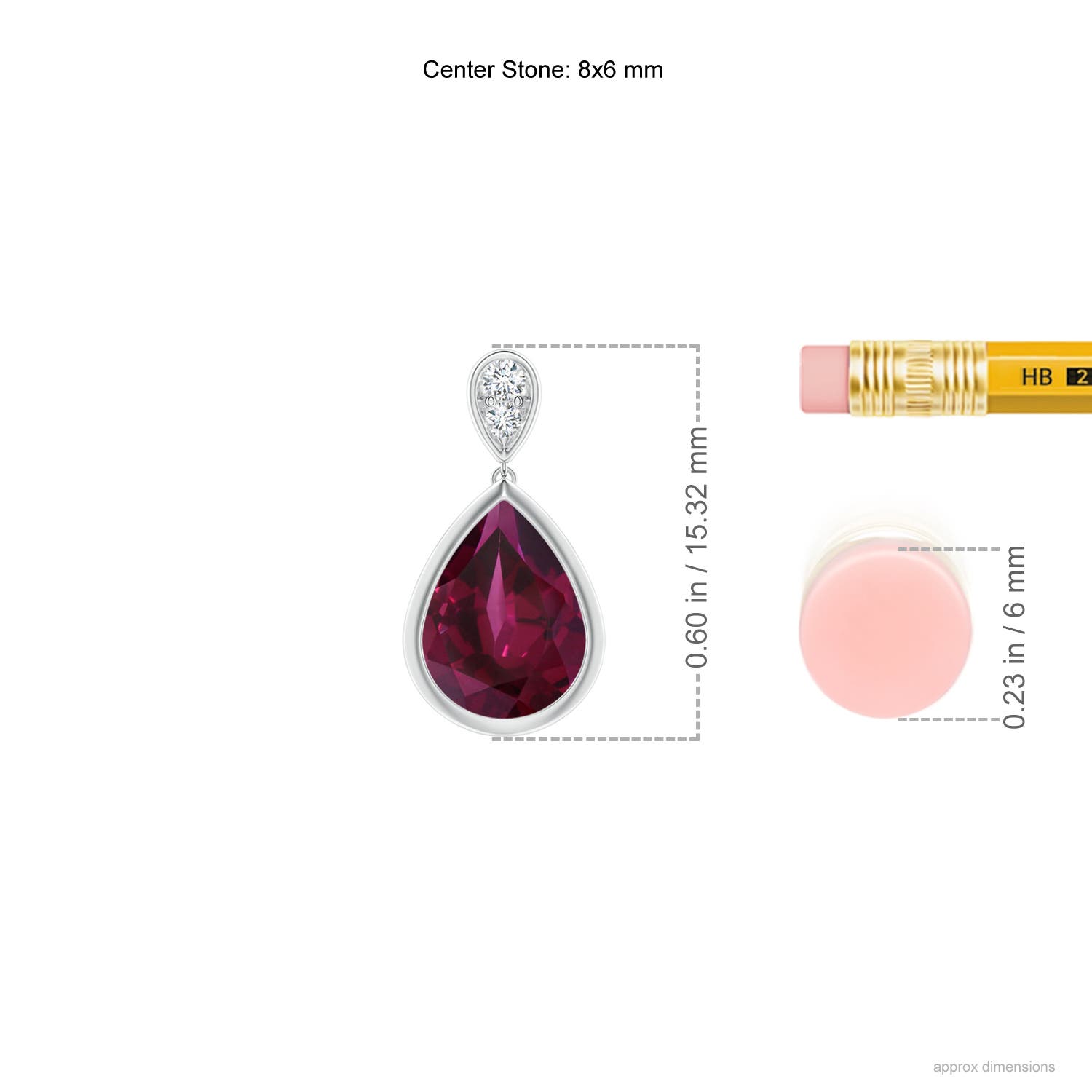 8x6mm AAA Bezel-Set Rhodolite Teardrop Earrings with Diamond in White Gold - ruler