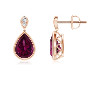 8x6mm AAAA Bezel-Set Rhodolite Teardrop Earrings with Diamond in 9K Rose Gold