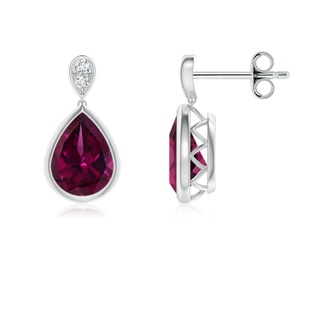 8x6mm AAAA Bezel-Set Rhodolite Teardrop Earrings with Diamond in S999 Silver