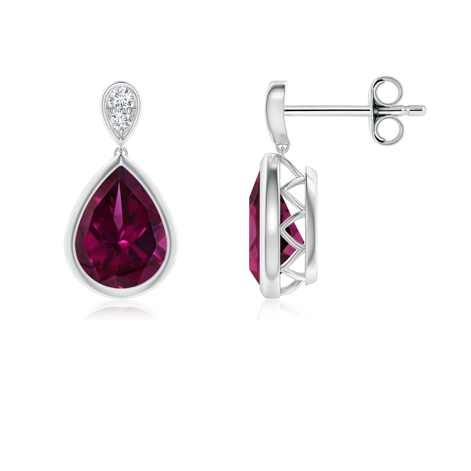 8x6mm AAAA Bezel-Set Rhodolite Teardrop Earrings with Diamond in S999 Silver 