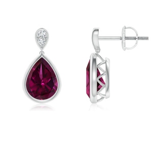 8x6mm AAAA Bezel-Set Rhodolite Teardrop Earrings with Diamond in White Gold