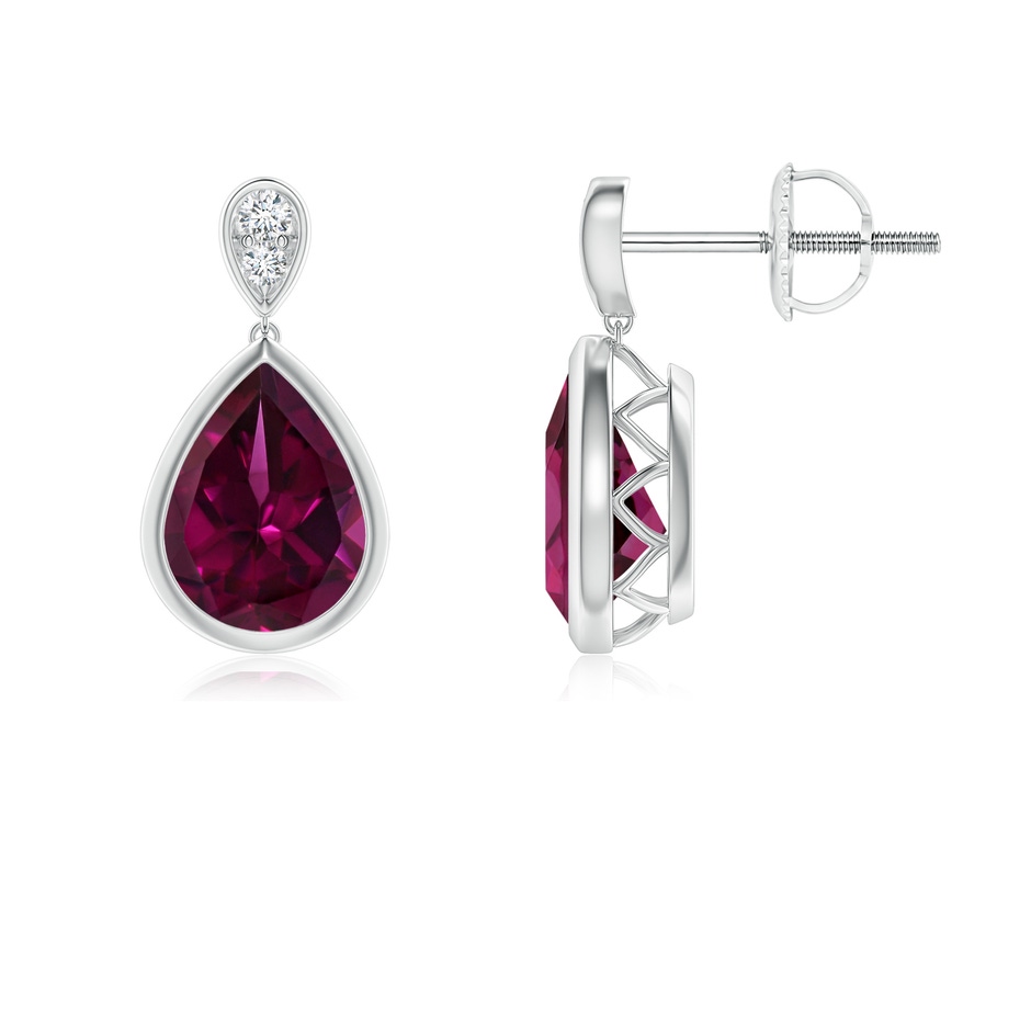 8x6mm AAAA Bezel-Set Rhodolite Teardrop Earrings with Diamond in White Gold 