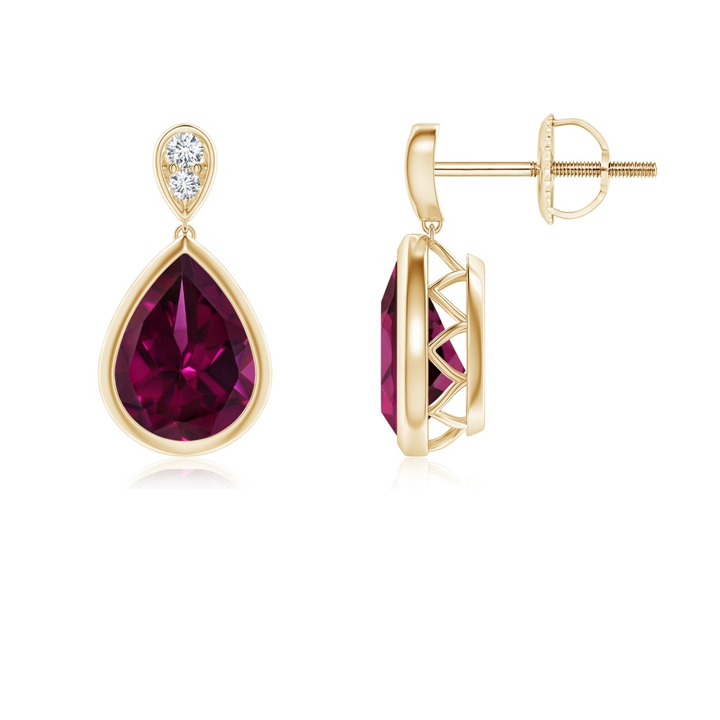 8x6mm AAAA Bezel-Set Rhodolite Teardrop Earrings with Diamond in Yellow Gold