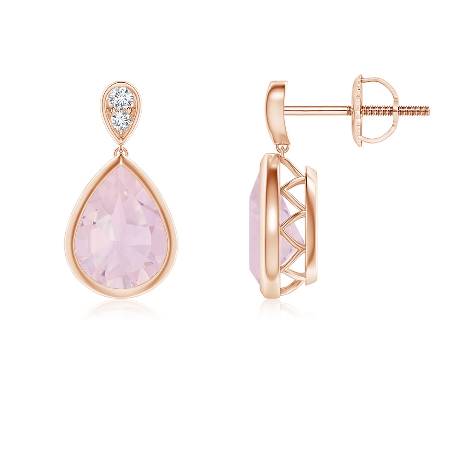 8x6mm AA Bezel-Set Rose Quartz Teardrop Earrings with Diamond in Rose Gold 