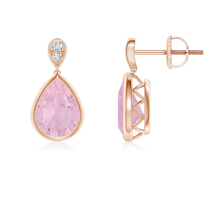 8x6mm AAAA Bezel-Set Rose Quartz Teardrop Earrings with Diamond in Rose Gold 
