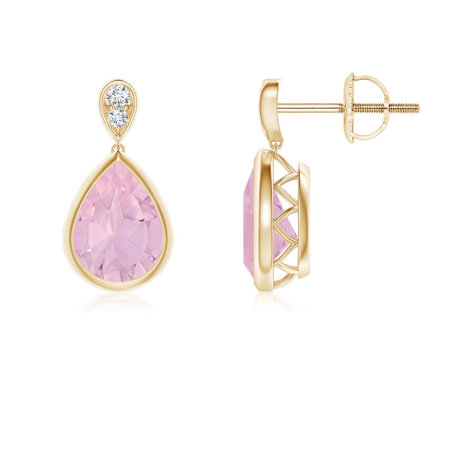 8x6mm AAAA Bezel-Set Rose Quartz Teardrop Earrings with Diamond in Yellow Gold 