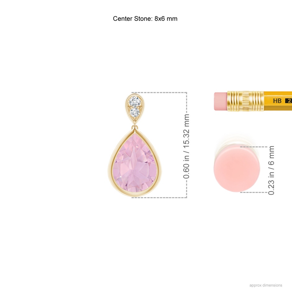 8x6mm AAAA Bezel-Set Rose Quartz Teardrop Earrings with Diamond in Yellow Gold ruler