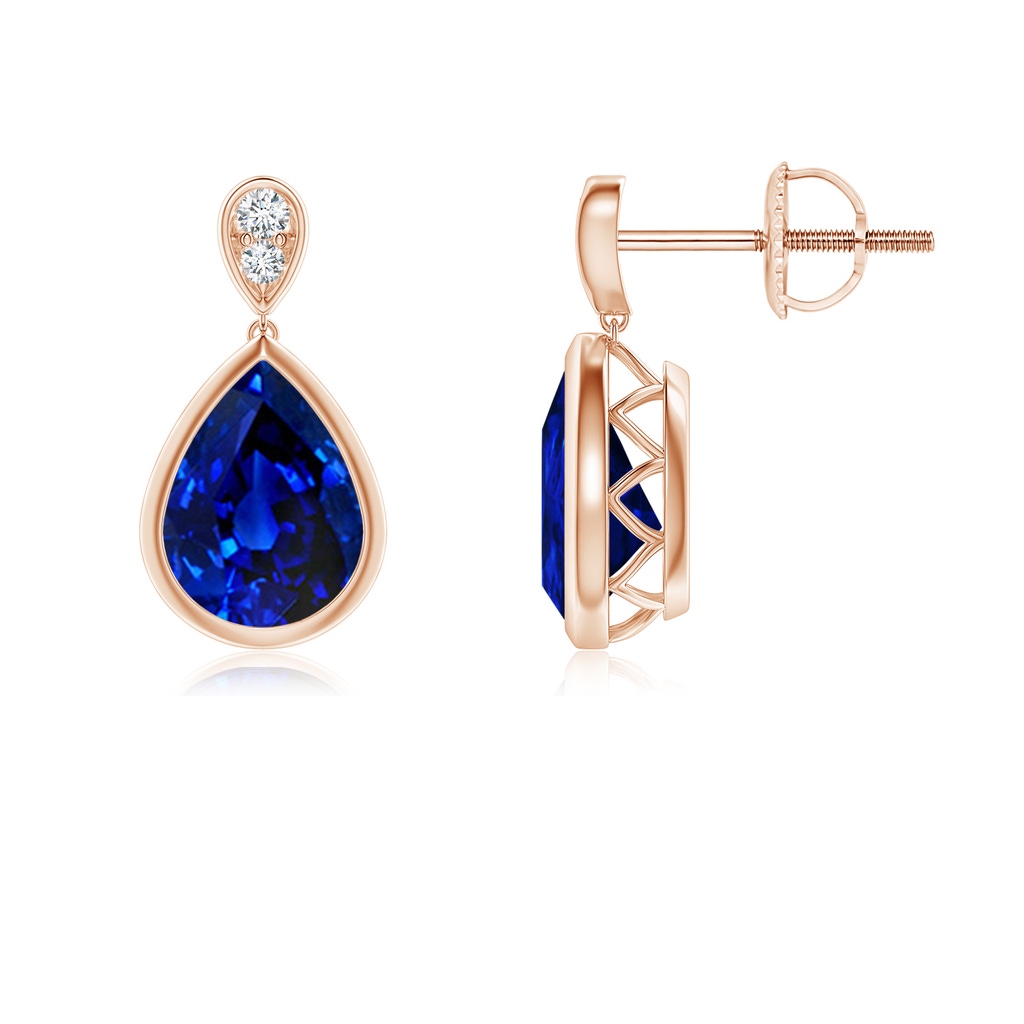 8x6mm AAAA Bezel-Set Sapphire Teardrop Earrings with Diamond in Rose Gold