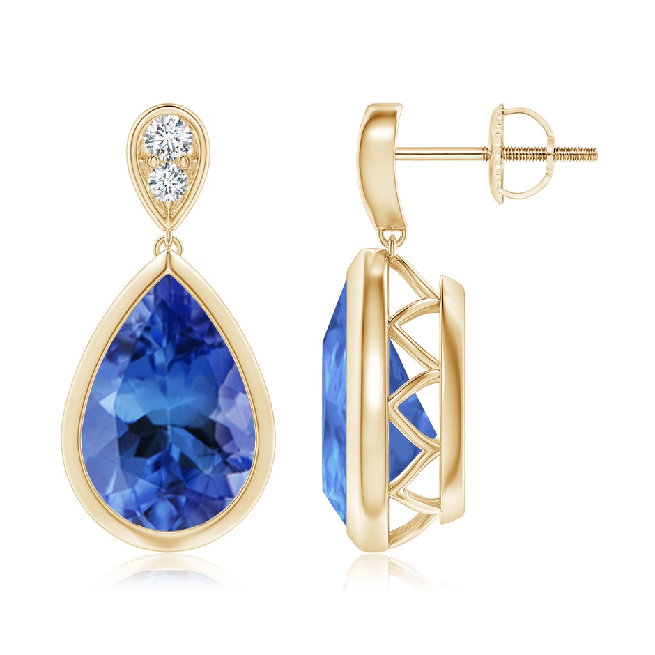 12x8mm AA Bezel-Set Tanzanite Teardrop Earrings with Diamond in Yellow Gold 