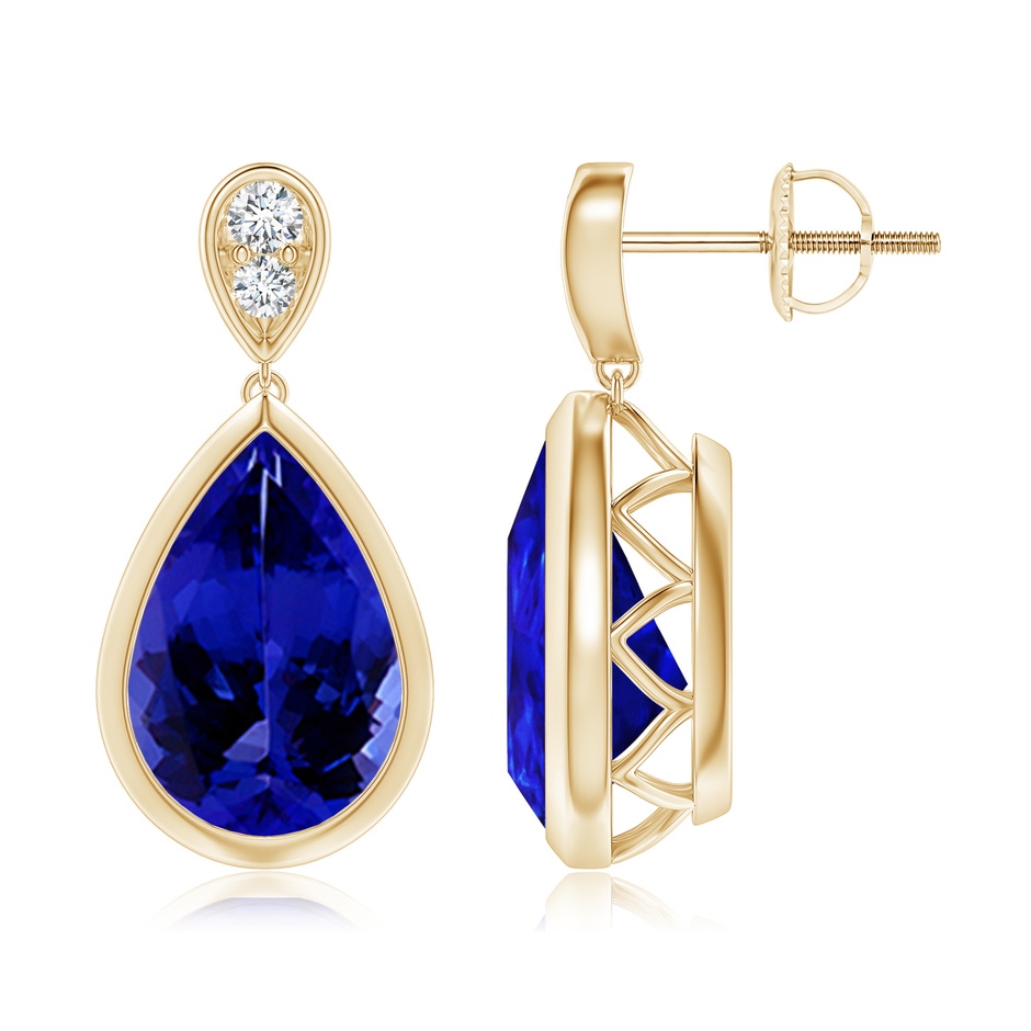 12x8mm AAAA Bezel-Set Tanzanite Teardrop Earrings with Diamond in Yellow Gold 