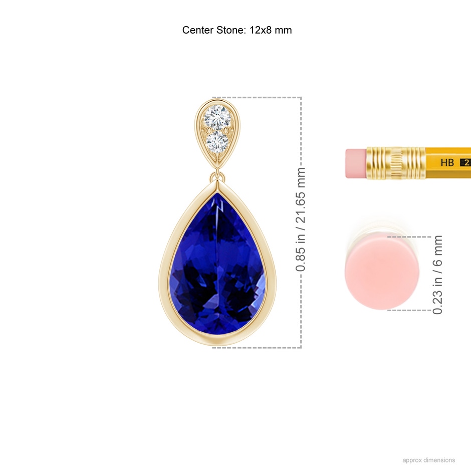 12x8mm AAAA Bezel-Set Tanzanite Teardrop Earrings with Diamond in Yellow Gold ruler