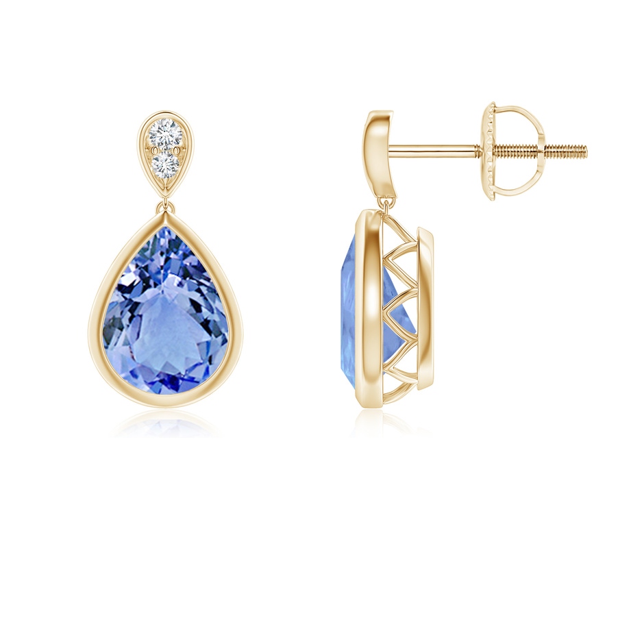 8x6mm A Bezel-Set Tanzanite Teardrop Earrings with Diamond in Yellow Gold 