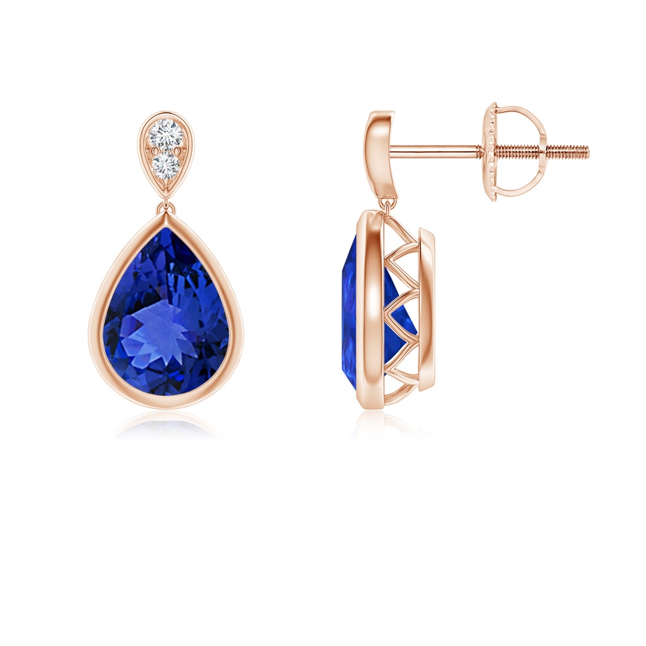 8x6mm AAA Bezel-Set Tanzanite Teardrop Earrings with Diamond in Rose Gold 