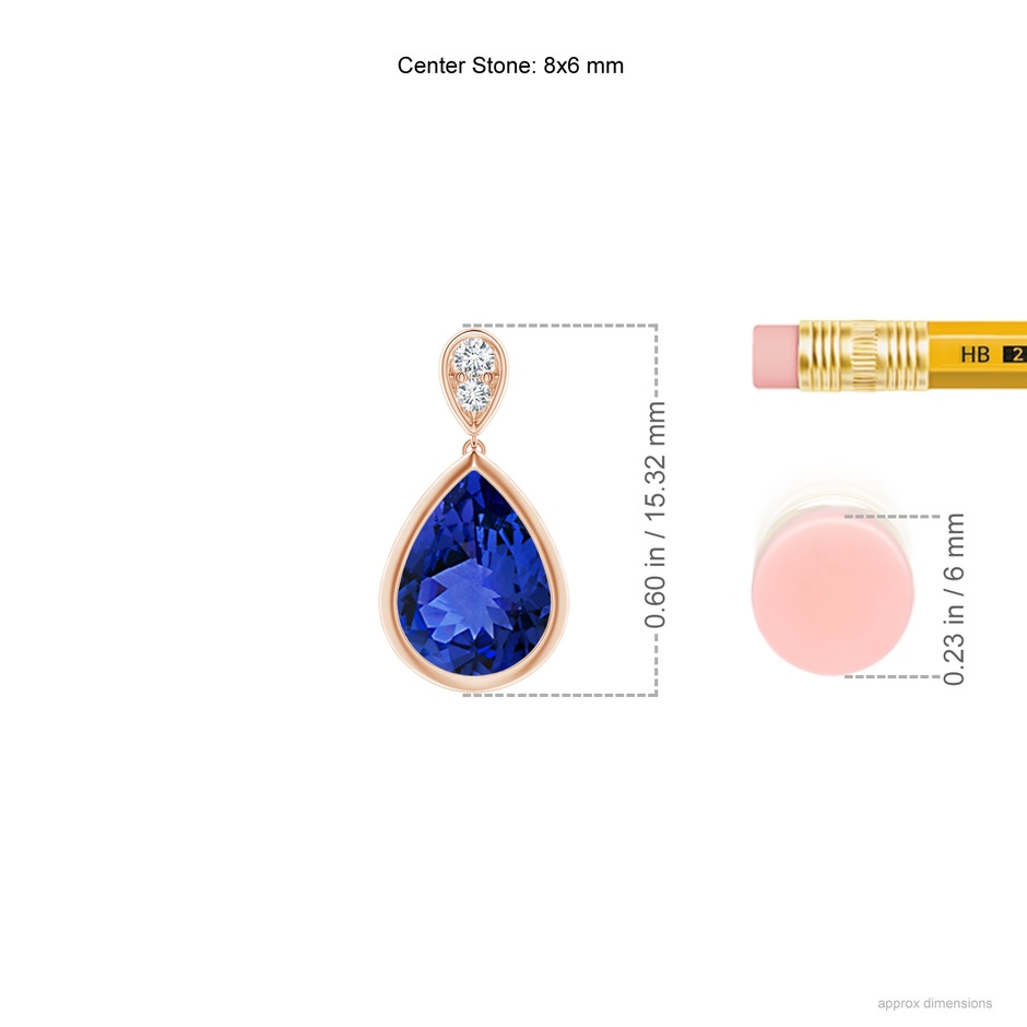 8x6mm AAA Bezel-Set Tanzanite Teardrop Earrings with Diamond in Rose Gold ruler