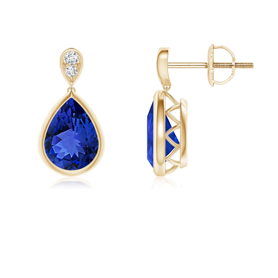 8x6mm AAA Bezel-Set Tanzanite Teardrop Earrings with Diamond in Yellow Gold 