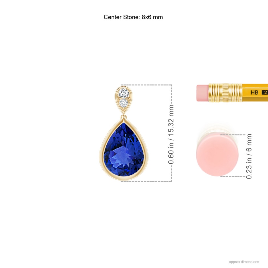 8x6mm AAA Bezel-Set Tanzanite Teardrop Earrings with Diamond in Yellow Gold ruler