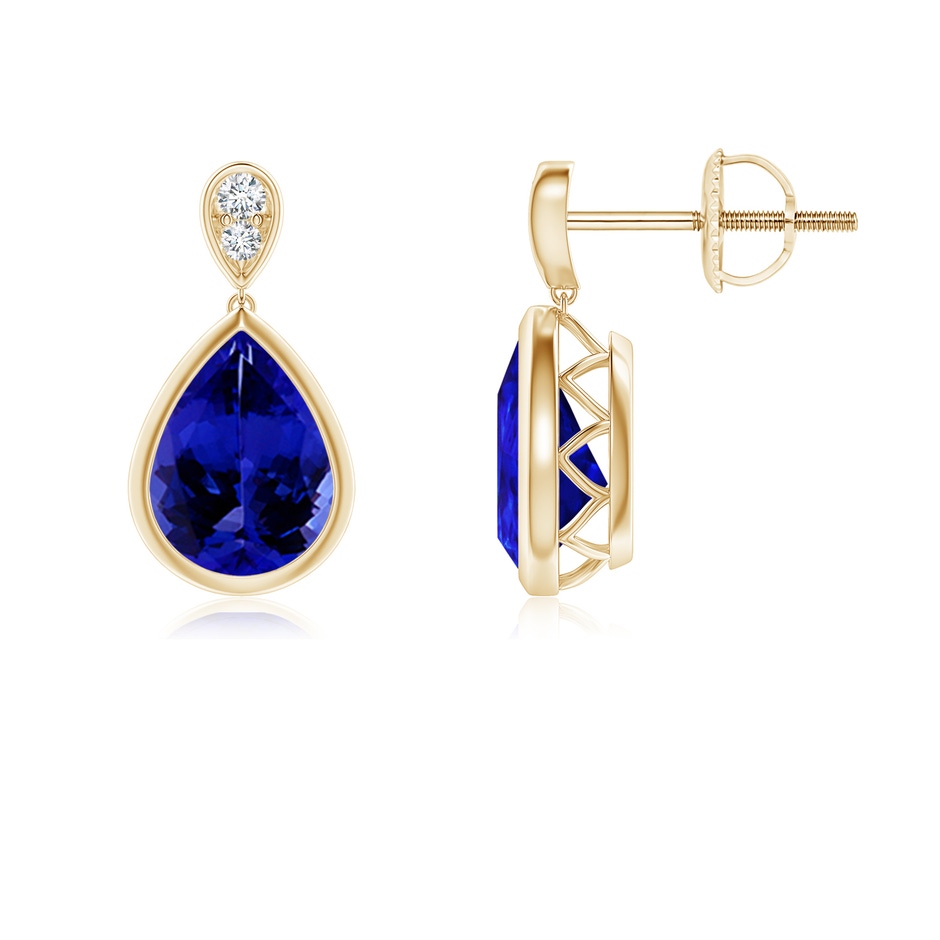 8x6mm AAAA Bezel-Set Tanzanite Teardrop Earrings with Diamond in Yellow Gold 