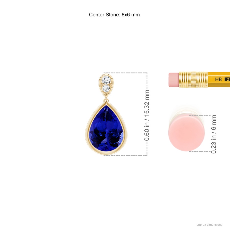 8x6mm AAAA Bezel-Set Tanzanite Teardrop Earrings with Diamond in Yellow Gold ruler