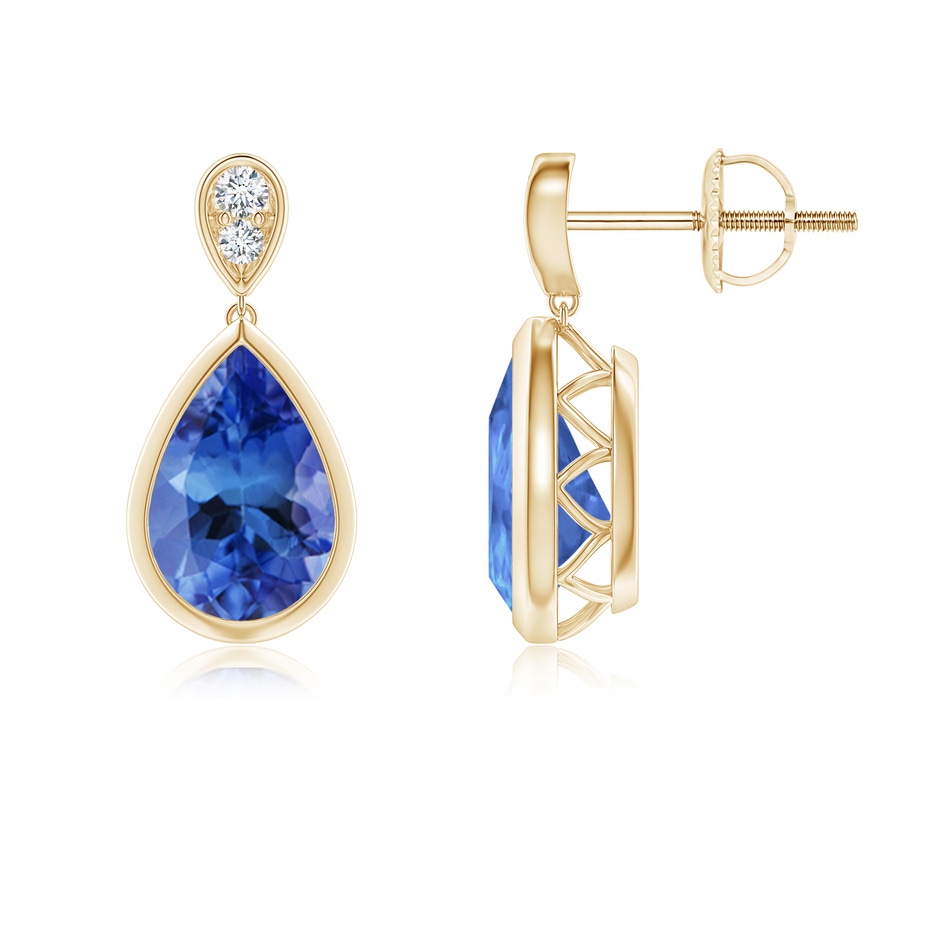 9x6mm AA Bezel-Set Tanzanite Teardrop Earrings with Diamond in Yellow Gold 