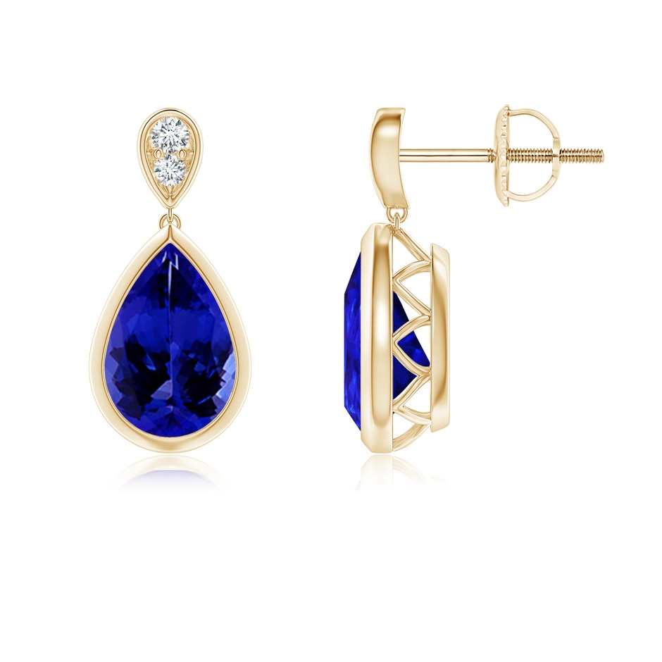 9x6mm AAAA Bezel-Set Tanzanite Teardrop Earrings with Diamond in Yellow Gold 