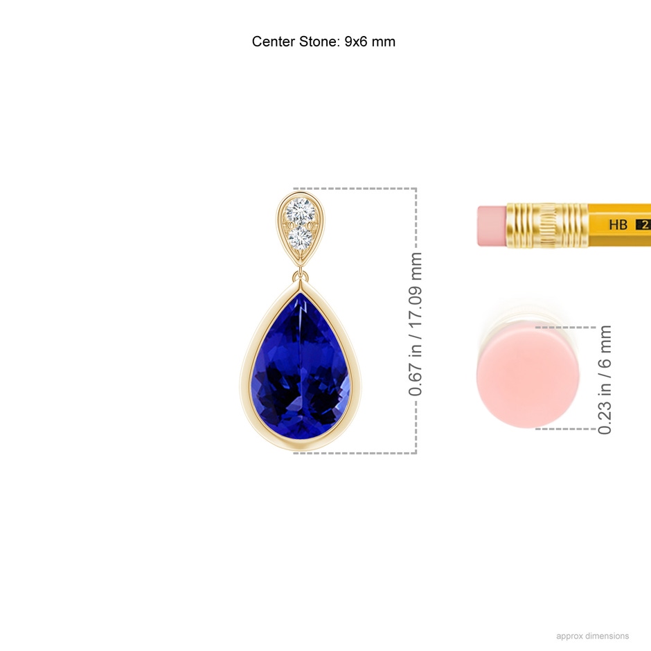 9x6mm AAAA Bezel-Set Tanzanite Teardrop Earrings with Diamond in Yellow Gold ruler