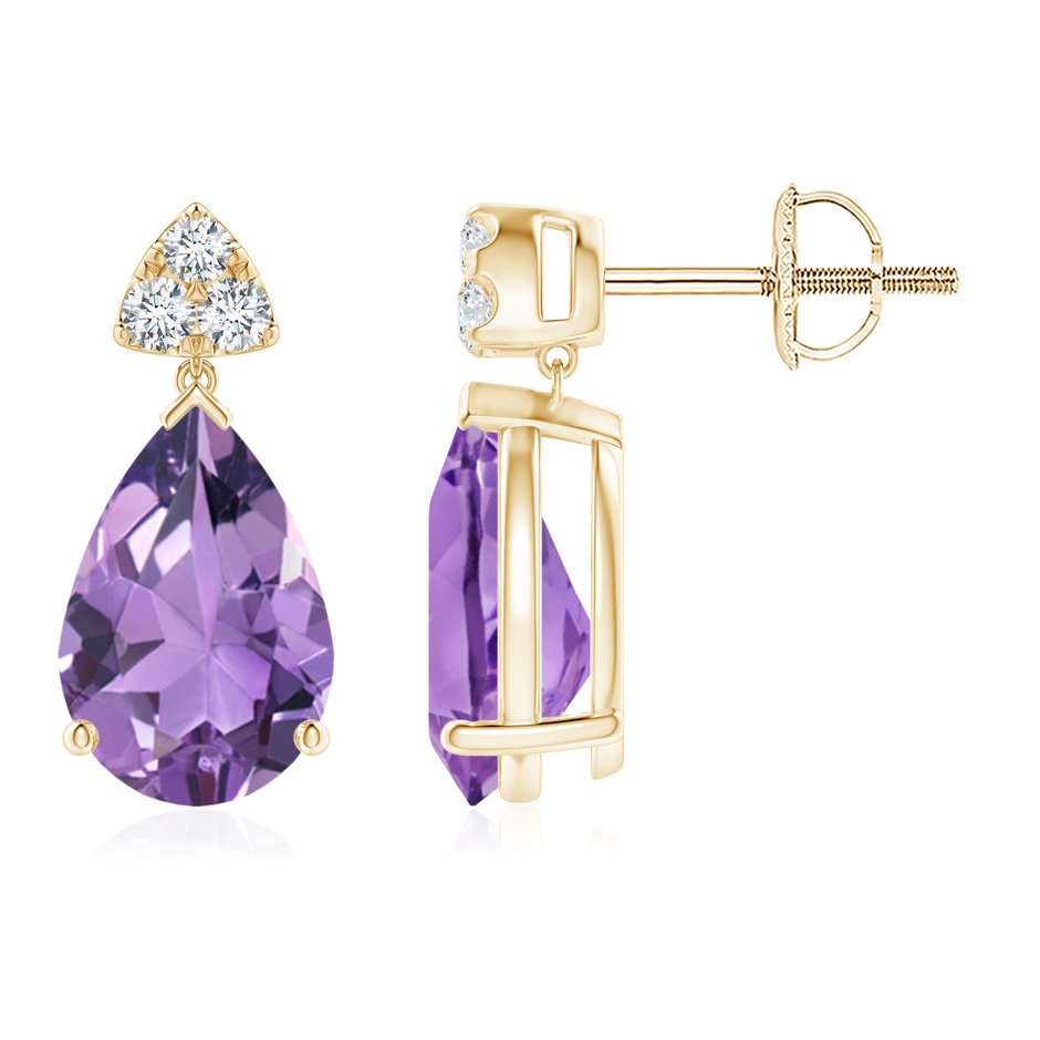 10x7mm A Pear-Shaped Amethyst Drop Earrings with Trio Diamonds in Yellow Gold 