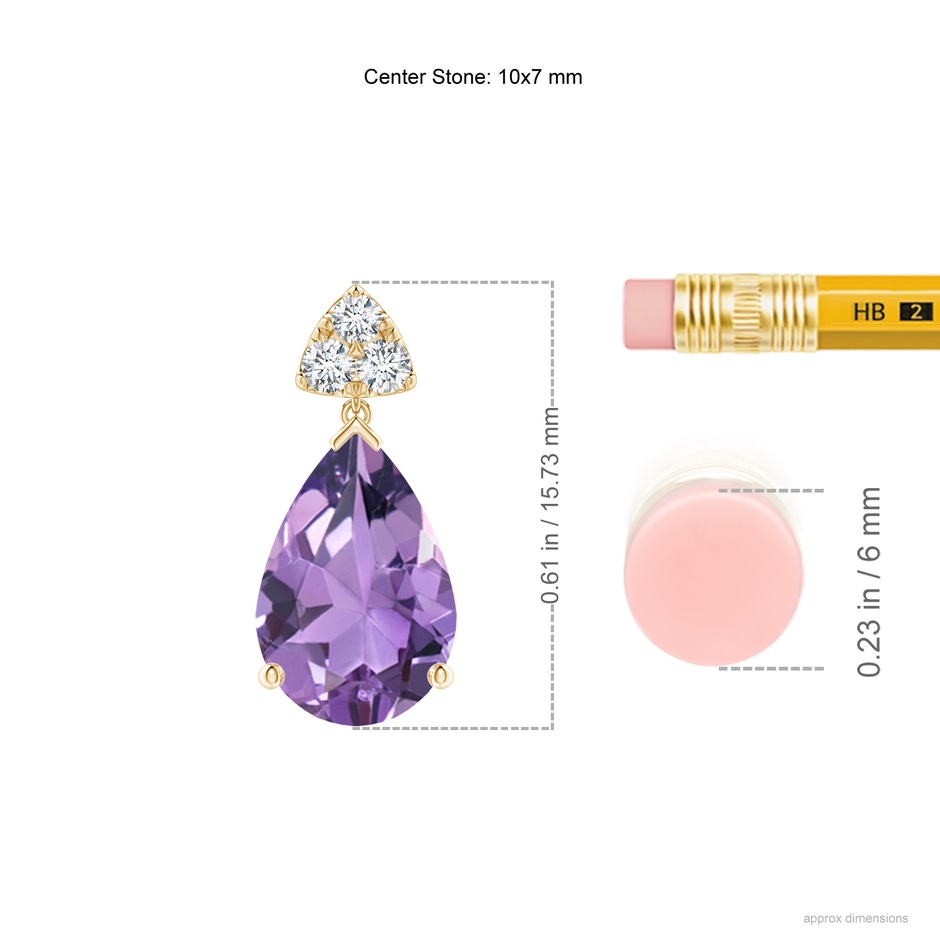 10x7mm A Pear-Shaped Amethyst Drop Earrings with Trio Diamonds in Yellow Gold ruler
