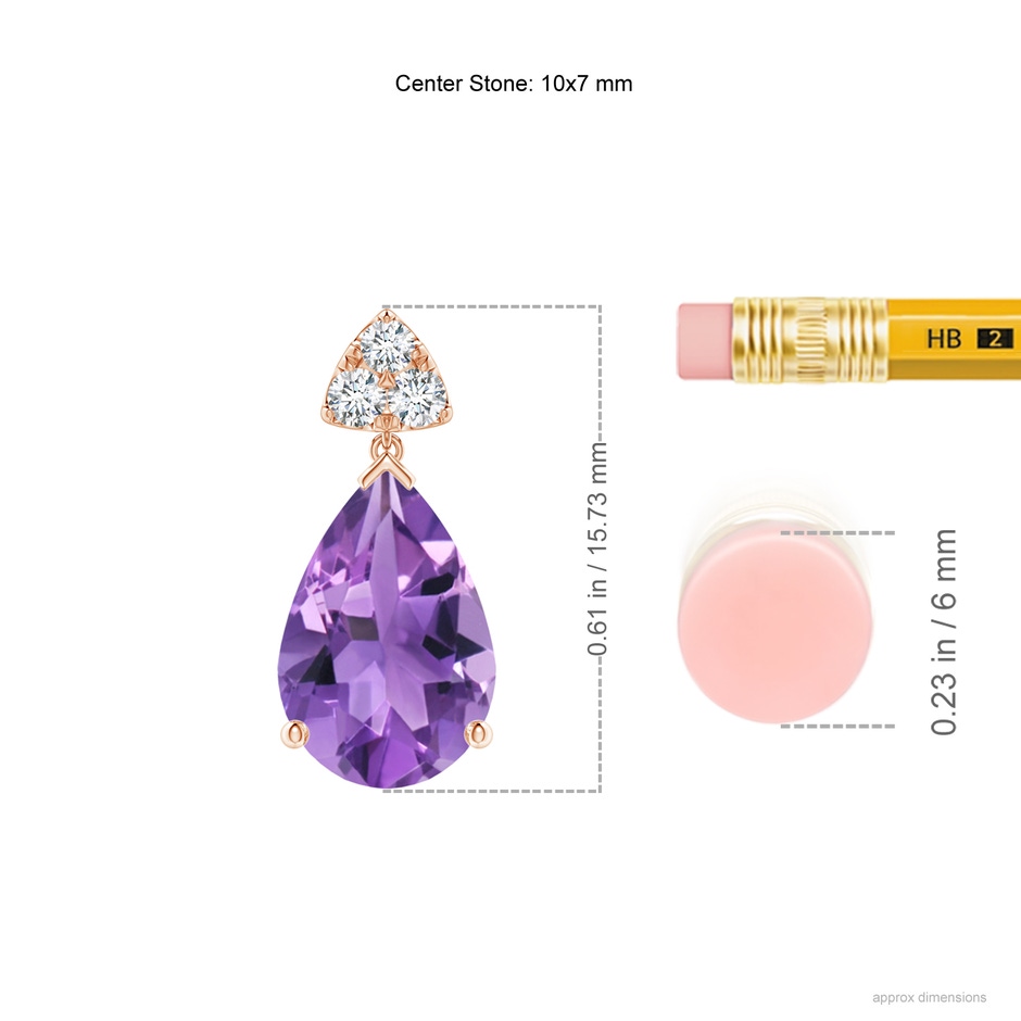 10x7mm AA Pear-Shaped Amethyst Drop Earrings with Trio Diamonds in Rose Gold ruler