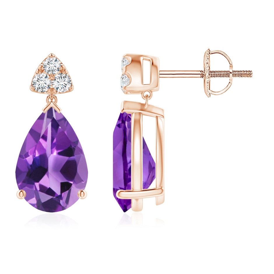 10x7mm AAA Pear-Shaped Amethyst Drop Earrings with Trio Diamonds in Rose Gold 