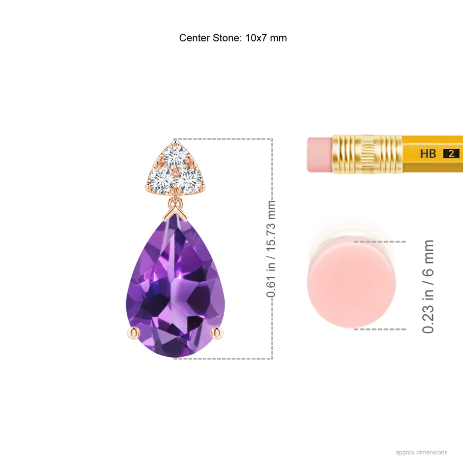 10x7mm AAA Pear-Shaped Amethyst Drop Earrings with Trio Diamonds in Rose Gold ruler