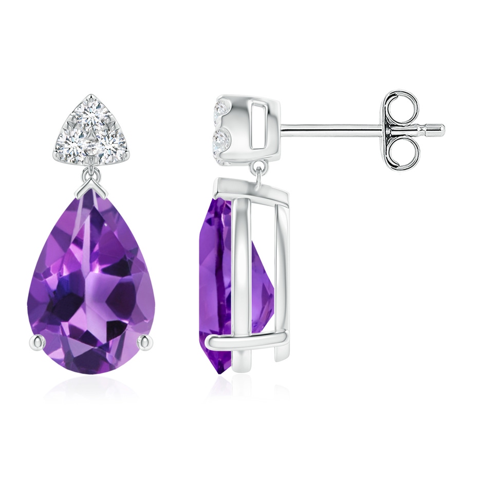 10x7mm AAA Pear-Shaped Amethyst Drop Earrings with Trio Diamonds in S999 Silver 