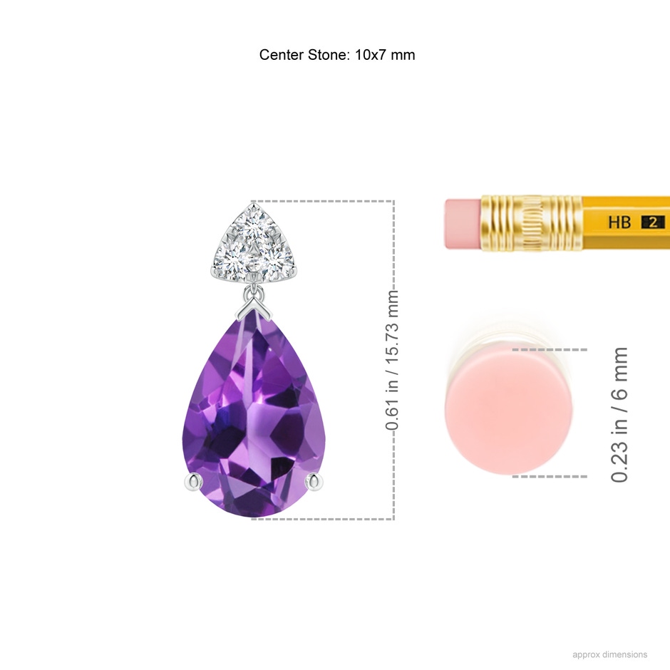 10x7mm AAA Pear-Shaped Amethyst Drop Earrings with Trio Diamonds in White Gold ruler