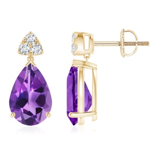 10x7mm AAA Pear-Shaped Amethyst Drop Earrings with Trio Diamonds in Yellow Gold