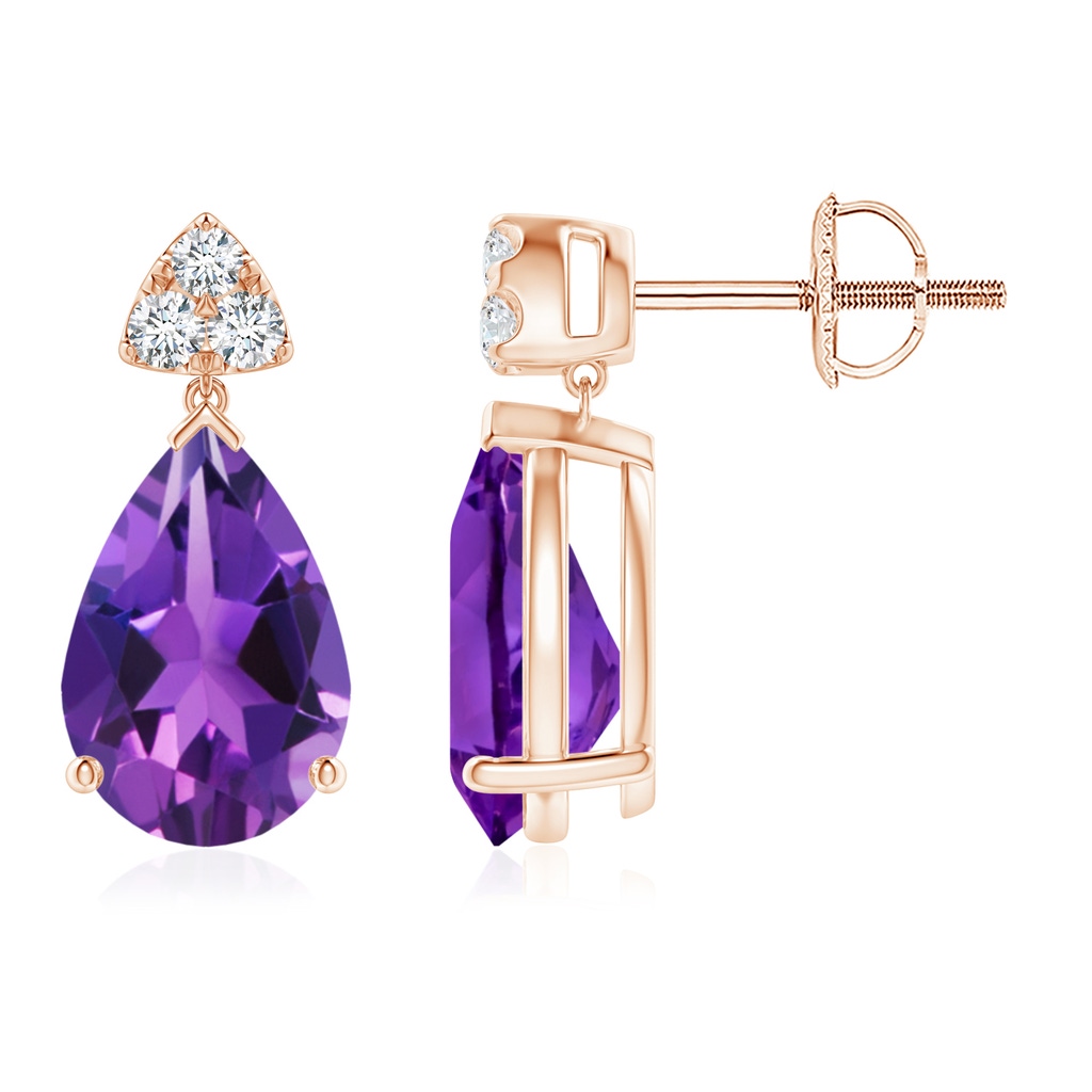 10x7mm AAAA Pear-Shaped Amethyst Drop Earrings with Trio Diamonds in Rose Gold