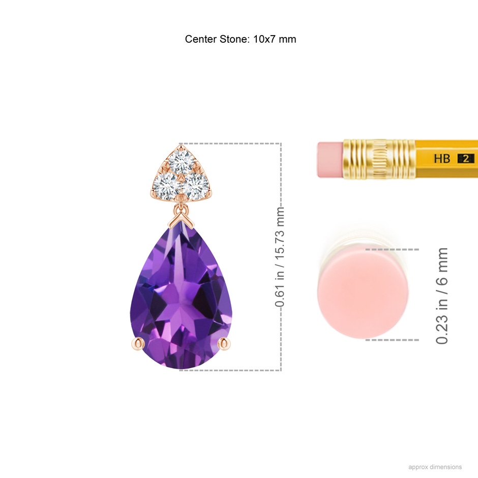 10x7mm AAAA Pear-Shaped Amethyst Drop Earrings with Trio Diamonds in Rose Gold ruler