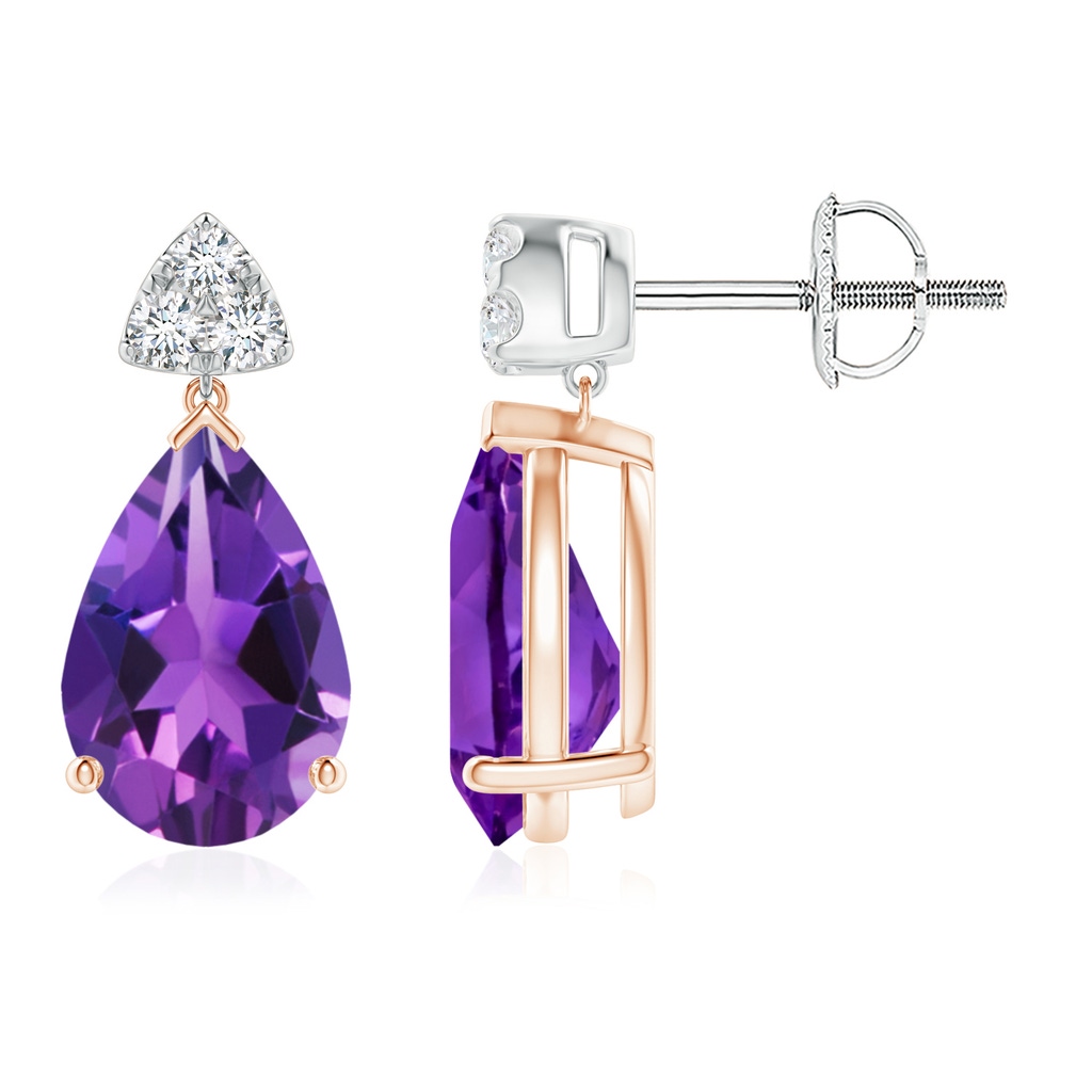 10x7mm AAAA Pear-Shaped Amethyst Drop Earrings with Trio Diamonds in Rose Gold White Gold