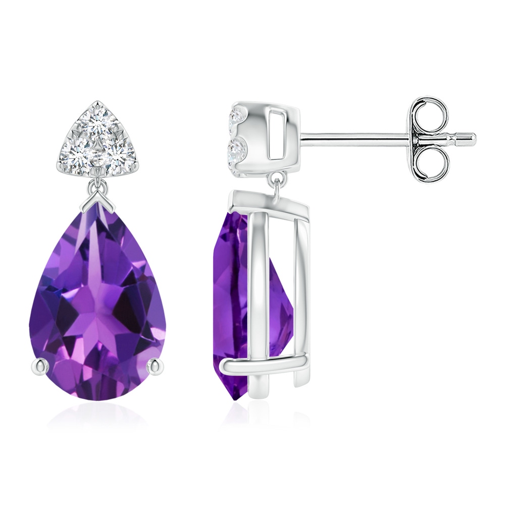 10x7mm AAAA Pear-Shaped Amethyst Drop Earrings with Trio Diamonds in S999 Silver