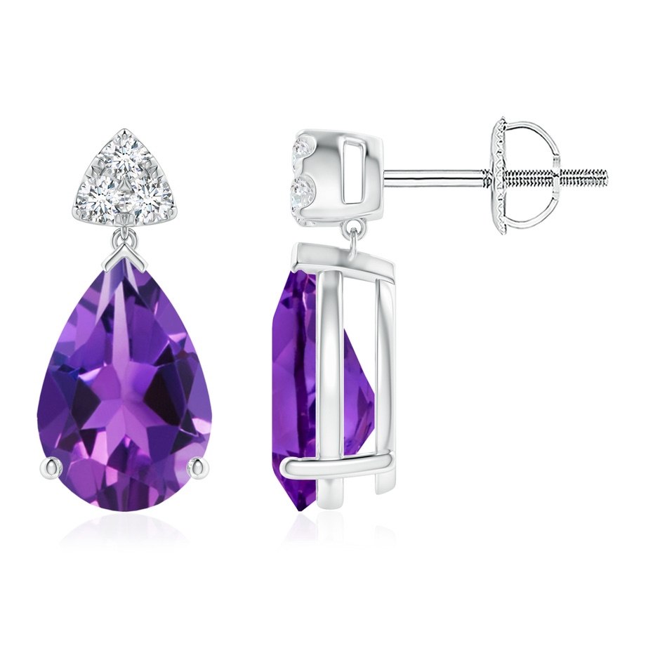 10x7mm AAAA Pear-Shaped Amethyst Drop Earrings with Trio Diamonds in White Gold 